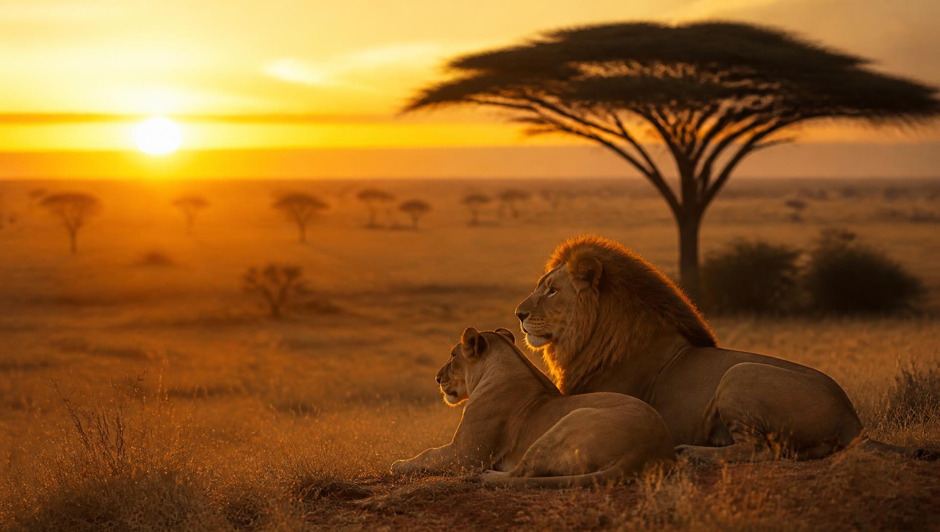 Lions resting on the Serengeti plains at sunrise in Tanzania